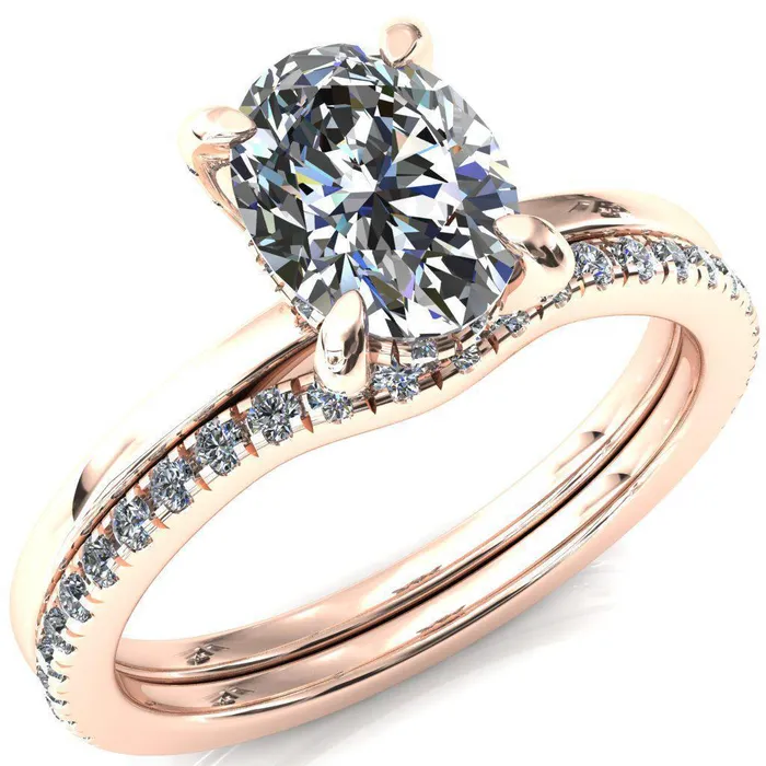 Rings Fire Brilliance Rosy Oval Center Stone 4 Claw Prong Single Rail Micropave Engagement Ring