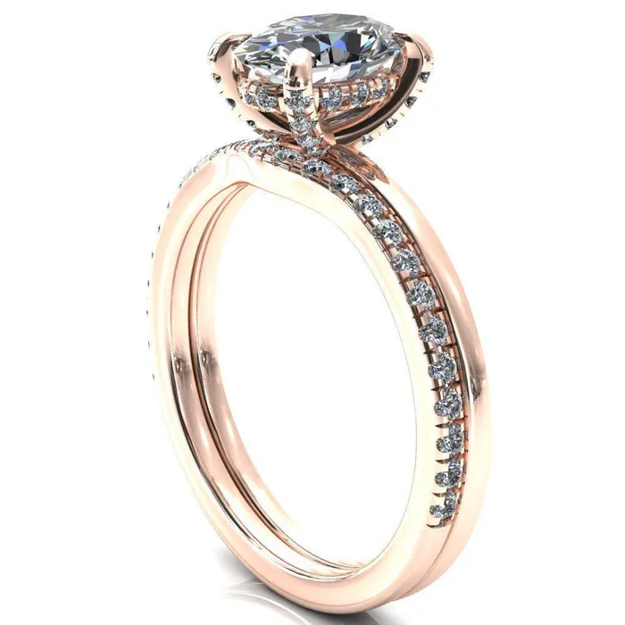 Rings Fire Brilliance Rosy Oval Center Stone 4 Claw Prong Single Rail Micropave Engagement Ring