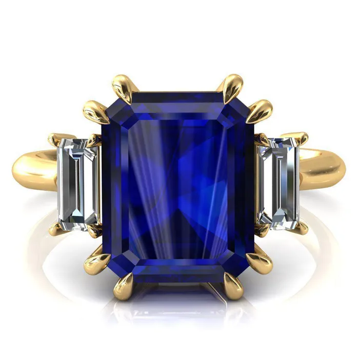 Rings Fire Brilliance Venice Emerald Blue Sapphire with Diamond Baguette 3 Stone Ring