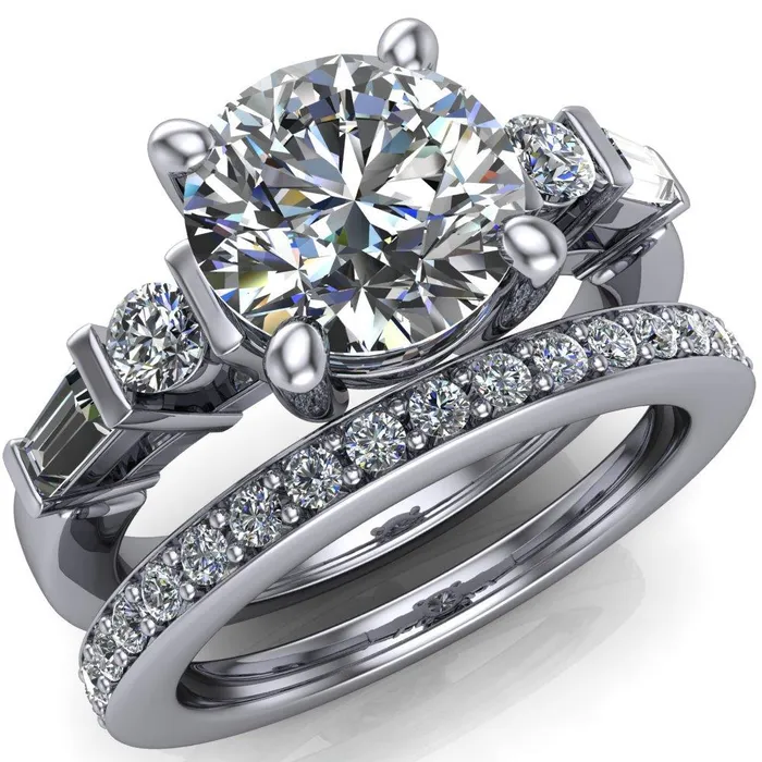 Rings Gale Round Center Stone 4 Prong Double Diamond Side Comfort Fit Ring Fire Brilliance 