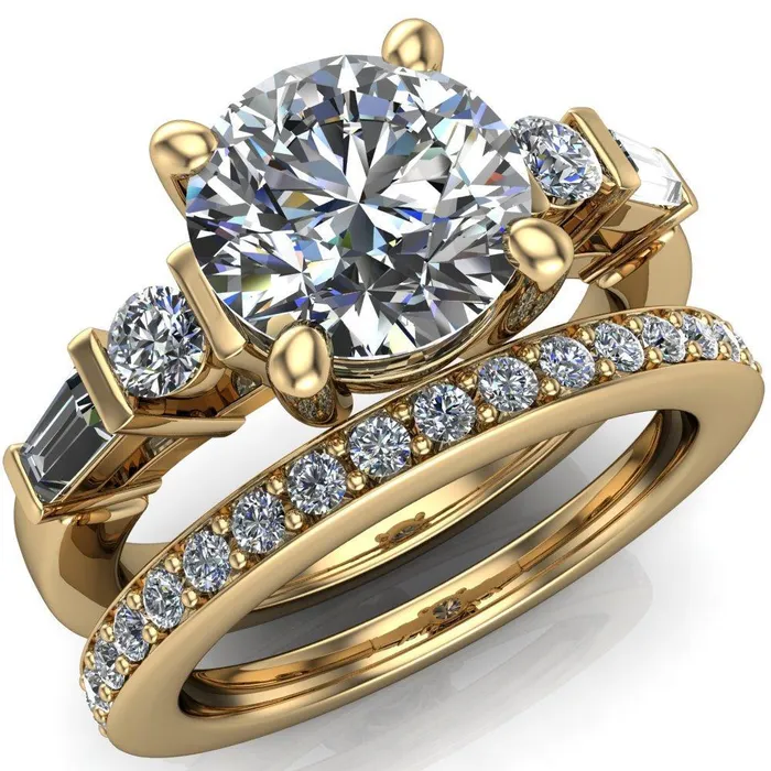 Rings Gale Round Center Stone 4 Prong Double Diamond Side Comfort Fit Ring Fire Brilliance 