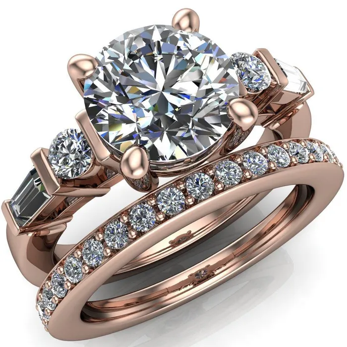 Rings Gale Round Center Stone 4 Prong Double Diamond Side Comfort Fit Ring Fire Brilliance 