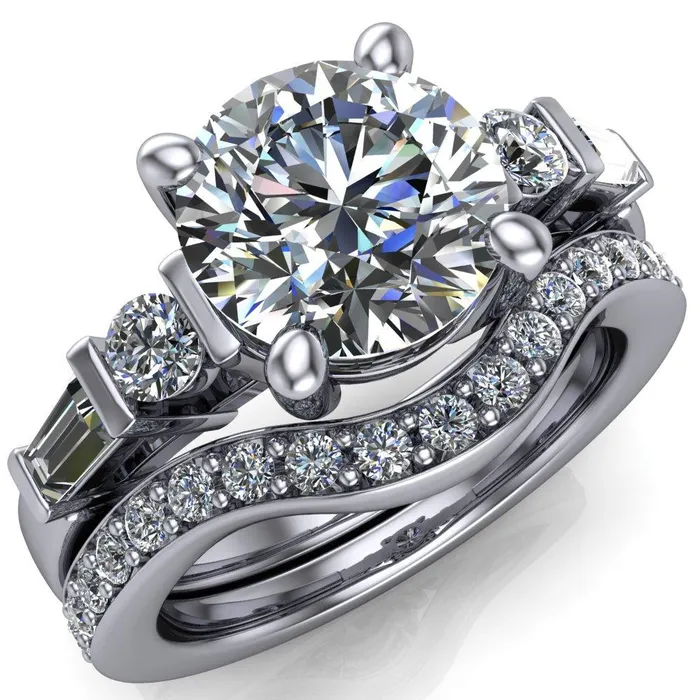Rings Gale Round Center Stone 4 Prong Double Diamond Side Comfort Fit Ring Fire Brilliance 