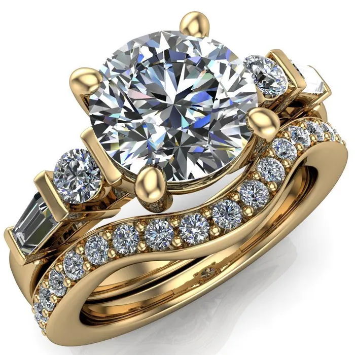 Rings Gale Round Center Stone 4 Prong Double Diamond Side Comfort Fit Ring Fire Brilliance 