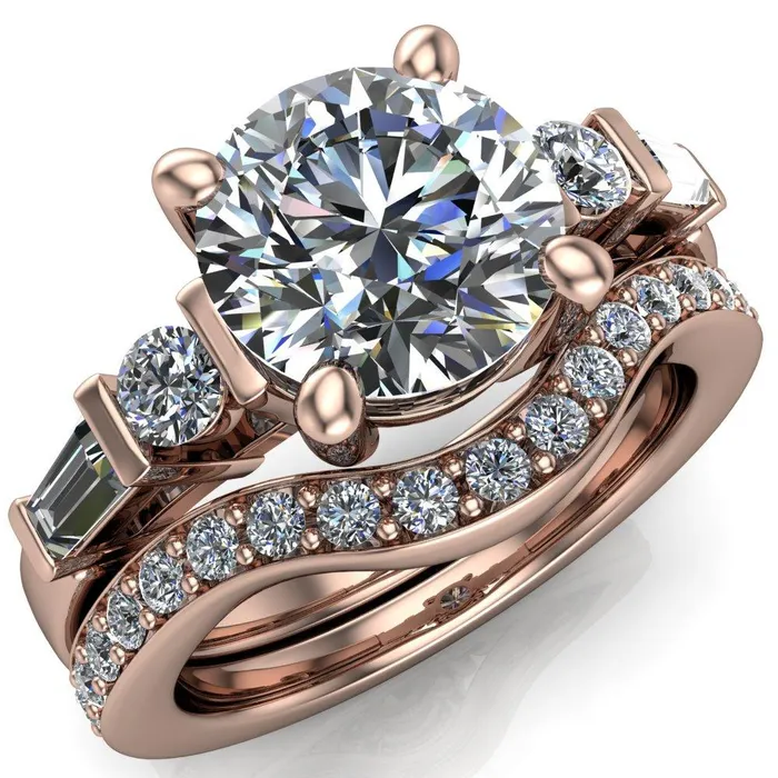 Rings Gale Round Center Stone 4 Prong Double Diamond Side Comfort Fit Ring Fire Brilliance 