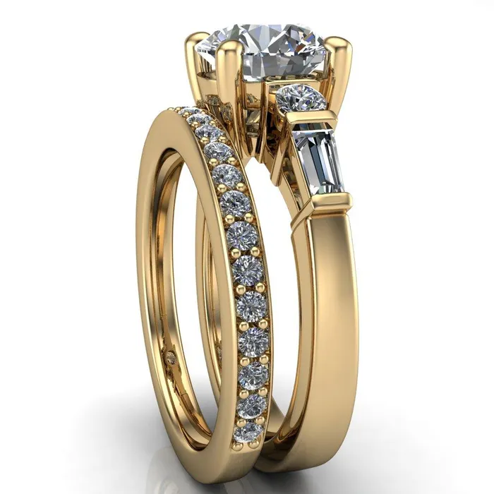 Rings Gale Round Center Stone 4 Prong Double Diamond Side Comfort Fit Ring Fire Brilliance 