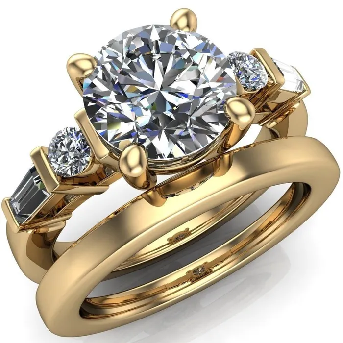Rings Gale Round Center Stone 4 Prong Double Diamond Side Comfort Fit Ring Fire Brilliance 