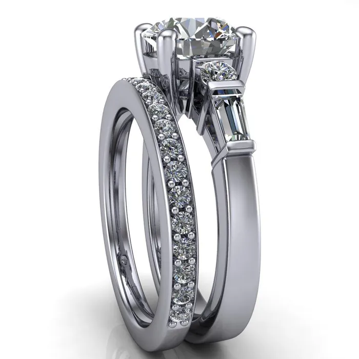 Rings Gale Round Center Stone 4 Prong Double Diamond Side Comfort Fit Ring Fire Brilliance 