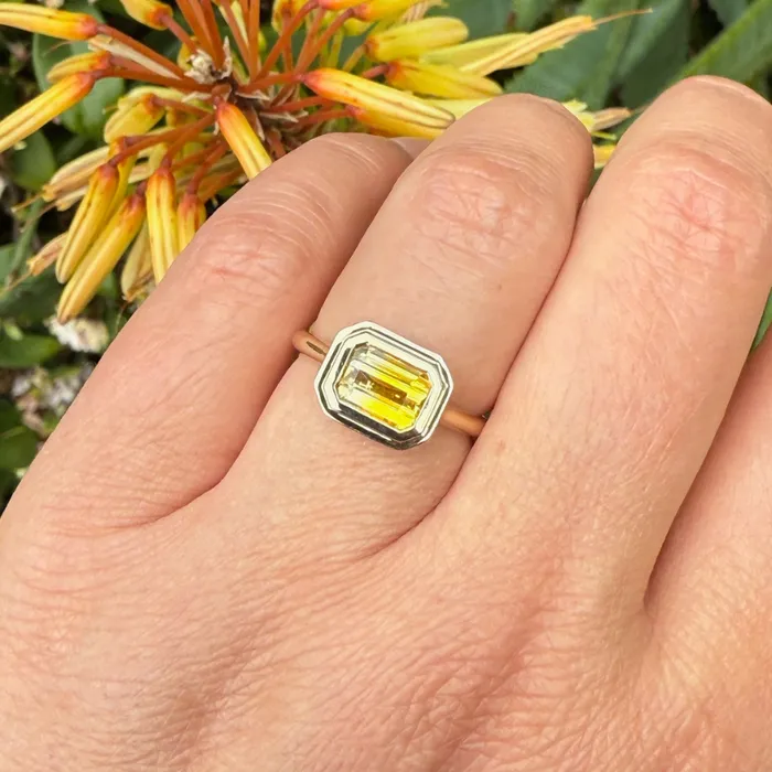 Rings Golden Ticket YellowWhite Emerald Cut Sapphire Ring Made By Gem Breakfast