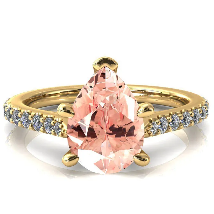 Rings Kelsy Pear Champagne Sapphire 5 Prong 34 Shared Scalloped Inverted Cathedral Ring Fire Brilliance 