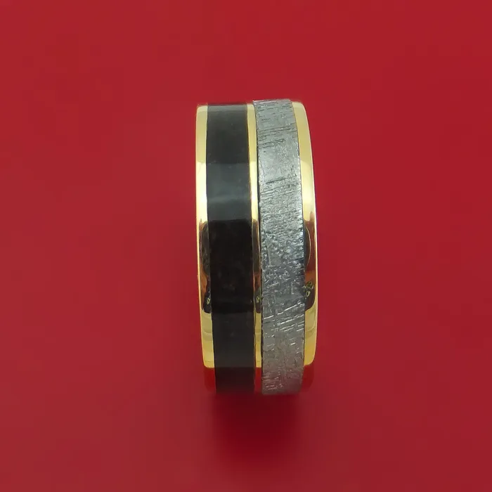 Rings Lashbrook 14k Yellow Gold Ring with Dinosaur Bone and Gibeon Meteorite Inlays Custom Made Band Rings Lashbrook 14k Yellow Gold Ring with Dinosaur Bone and Gibeon Meteorite Inlays Custom Made Band