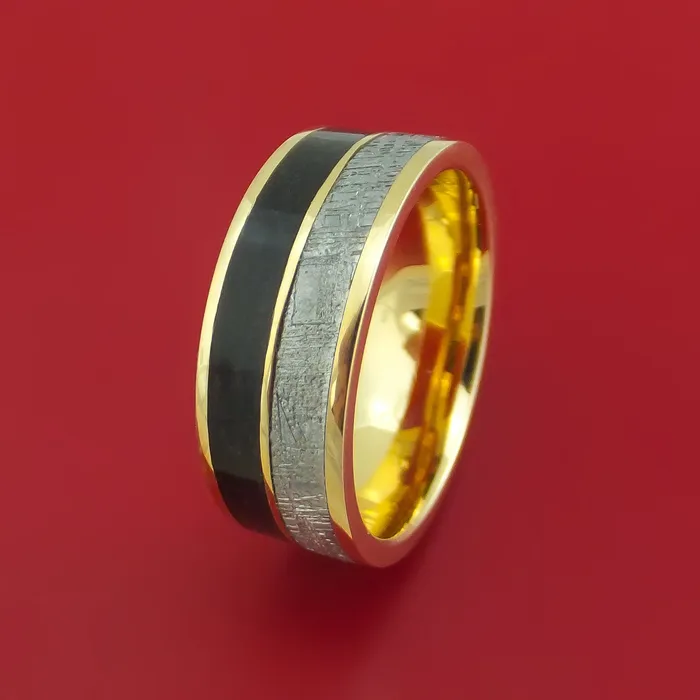 Rings Lashbrook 14k Yellow Gold Ring with Dinosaur Bone and Gibeon Meteorite Inlays Custom Made Band Rings Lashbrook 14k Yellow Gold Ring with Dinosaur Bone and Gibeon Meteorite Inlays Custom Made Band