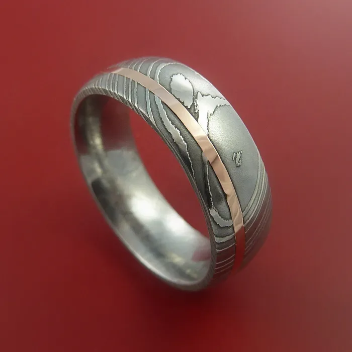 Rings Lashbrook Damascus Steel Ring with 14k Rose Gold Inlay Custom Made Band