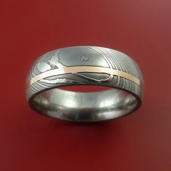 Rings Lashbrook Damascus Steel Ring with 14k Rose Gold Inlay Custom Made Band