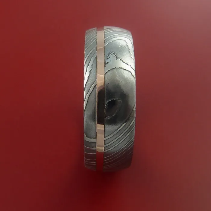 Rings Lashbrook Damascus Steel Ring with 14k Rose Gold Inlay Custom Made Band