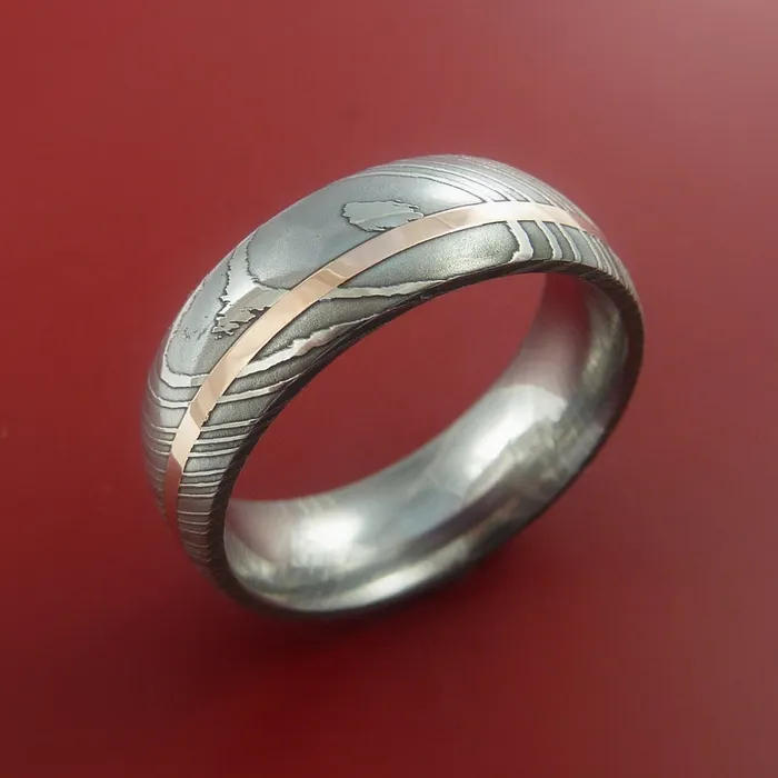 Rings Lashbrook Damascus Steel Ring with 14k Rose Gold Inlay Custom Made Band