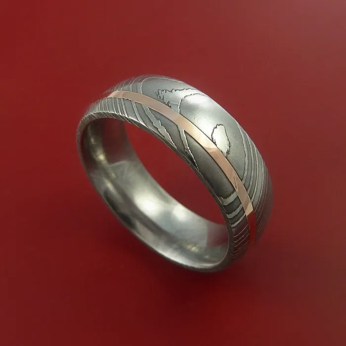 Rings Lashbrook Damascus Steel Ring with 14k Rose Gold Inlay Custom Made Band