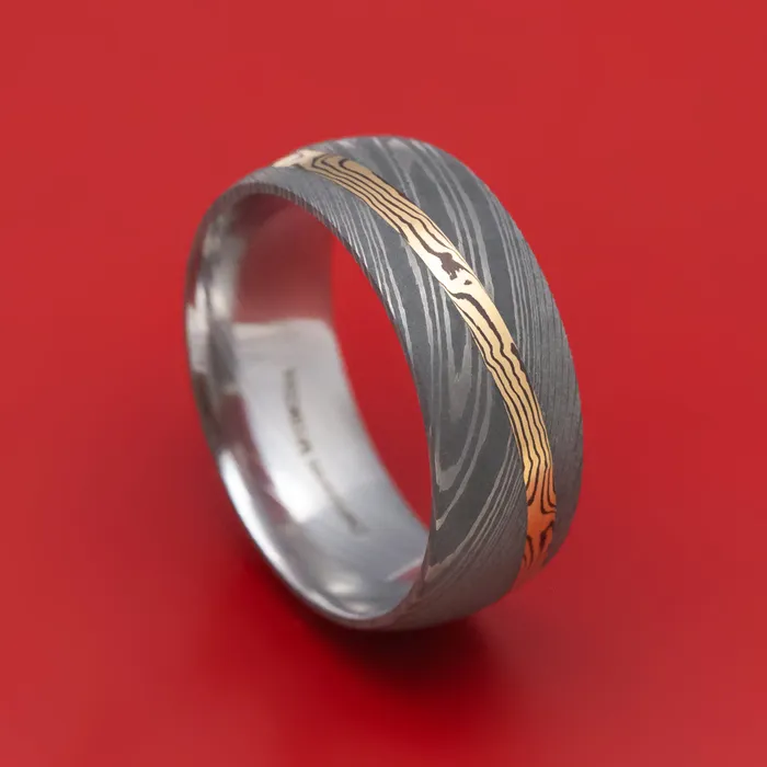 Rings Lashbrook Damascus Steel Ring With Diagonal Mokume Shakudo Inlay Custom Made
