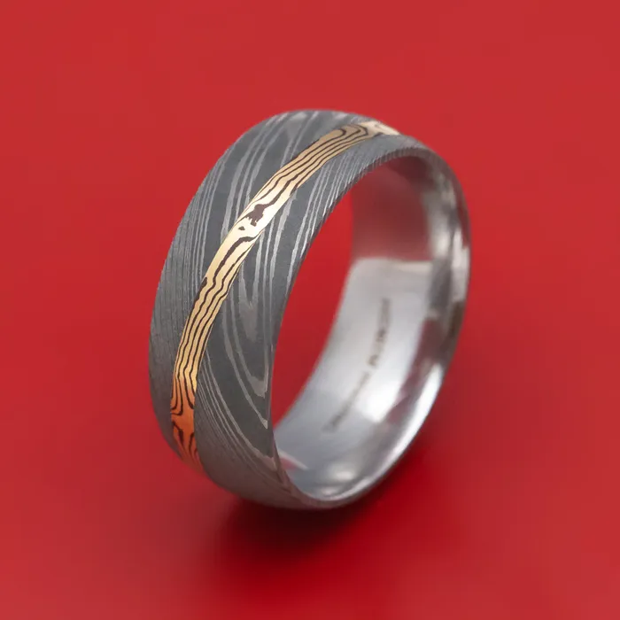 Rings Lashbrook Damascus Steel Ring With Diagonal Mokume Shakudo Inlay Custom Made Rings Lashbrook Damascus Steel Ring With Diagonal Mokume Shakudo Inlay Custom Made