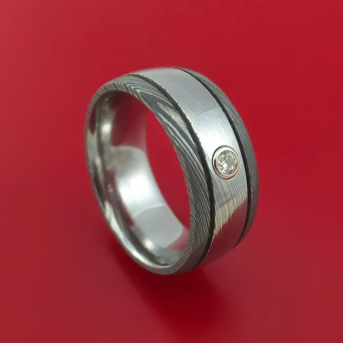 Rings Lashbrook Damascus Steel Twotoned Band with Diamond Custom Made Ring