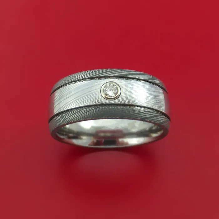 Rings Lashbrook Damascus Steel Twotoned Band with Diamond Custom Made Ring