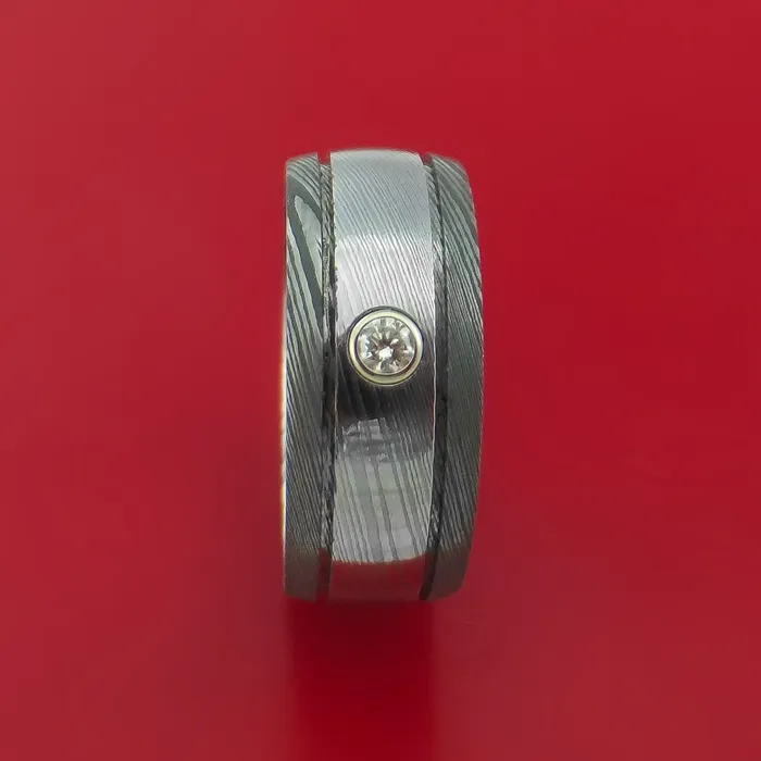 Rings Lashbrook Damascus Steel Twotoned Band with Diamond Custom Made Ring