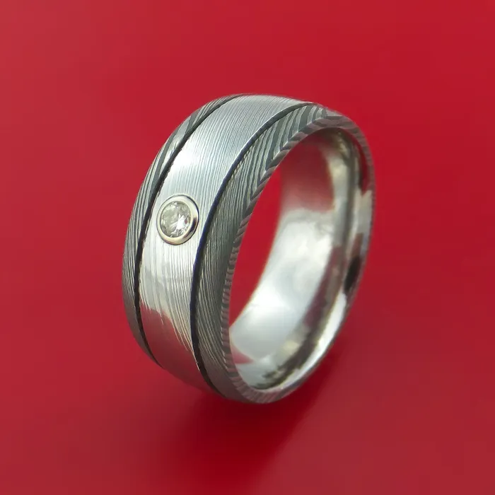 Rings Lashbrook Damascus Steel Twotoned Band with Diamond Custom Made Ring