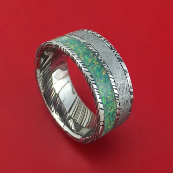 Rings Lashbrook Kuro Damascus Steel and Meteorite Ring with Opal Custom Made Band