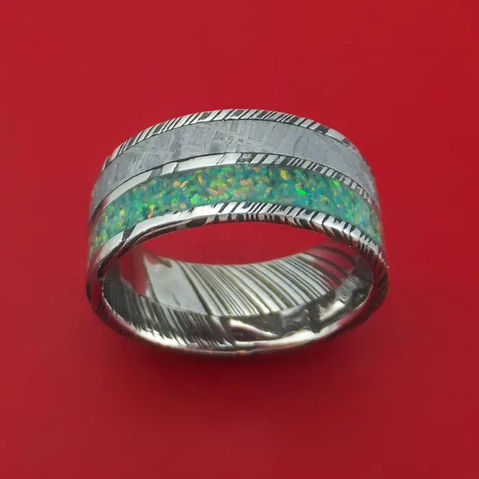 Rings Lashbrook Kuro Damascus Steel and Meteorite Ring with Opal Custom Made Band Rings Lashbrook Kuro Damascus Steel and Meteorite Ring with Opal Custom Made Band