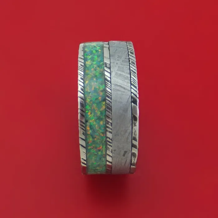 Rings Lashbrook Kuro Damascus Steel and Meteorite Ring with Opal Custom Made Band Rings Lashbrook Kuro Damascus Steel and Meteorite Ring with Opal Custom Made Band