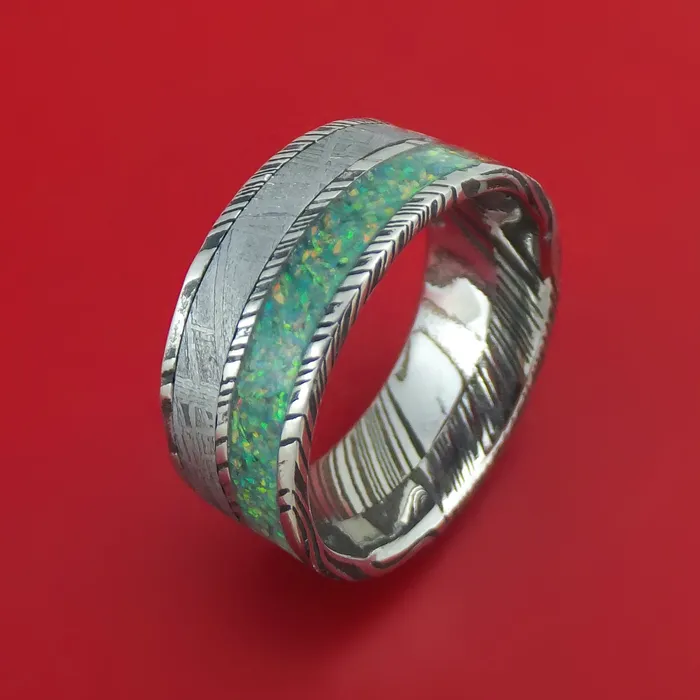 Rings Lashbrook Kuro Damascus Steel and Meteorite Ring with Opal Custom Made Band Rings Lashbrook Kuro Damascus Steel and Meteorite Ring with Opal Custom Made Band