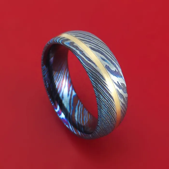 Rings Lashbrook KuroTi Twisted Titanium Etched and HeatTreated Ring with Angled 14K Gold Inlay Custom Made Band
