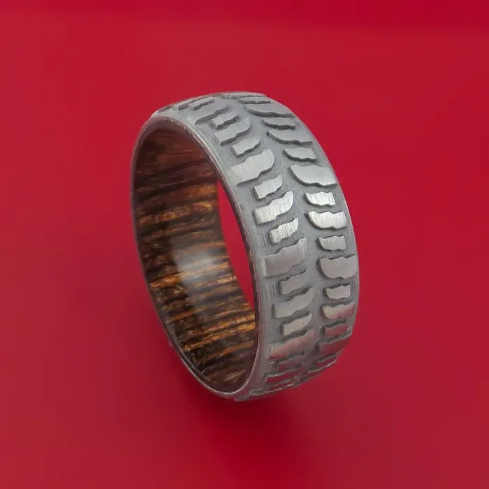 Rings Lashbrook Titanium Ring with Mud Tire Tread Pattern Inlay and Interior Hardwood Sleeve Custom Made Band