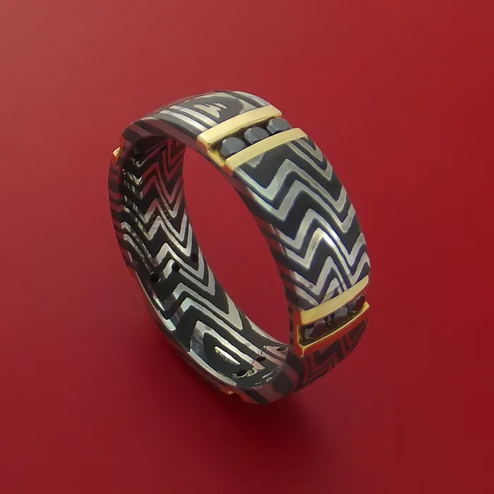 Rings Lashbrook Zebra Damascus Steel Ring with 14K Yellow Gold and Black Diamonds Custom Made Wedding Band
