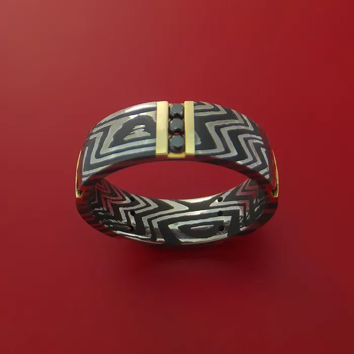 Rings Lashbrook Zebra Damascus Steel Ring with 14K Yellow Gold and Black Diamonds Custom Made Wedding Band