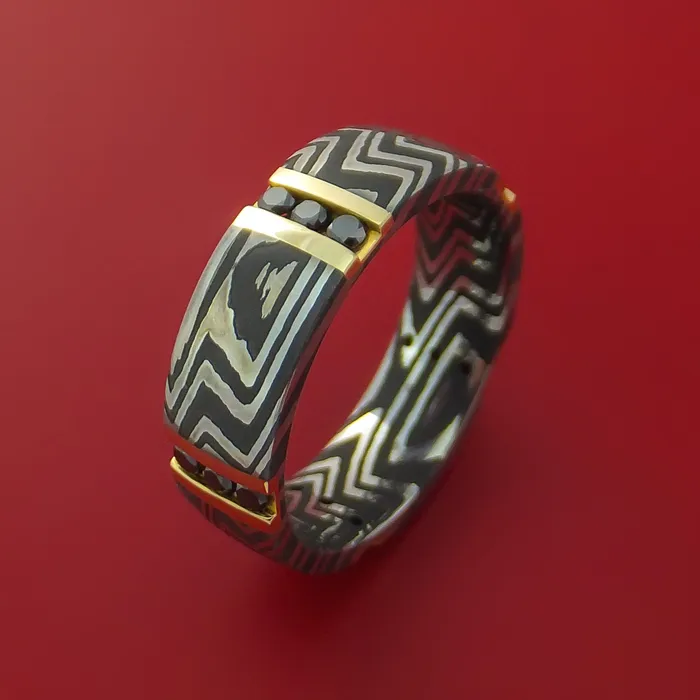 Rings Lashbrook Zebra Damascus Steel Ring with 14K Yellow Gold and Black Diamonds Custom Made Wedding Band