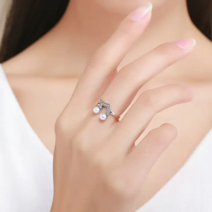 Rings OHMYRING Officiall Store Dazzling Pearl Eighth Note Silver Ring