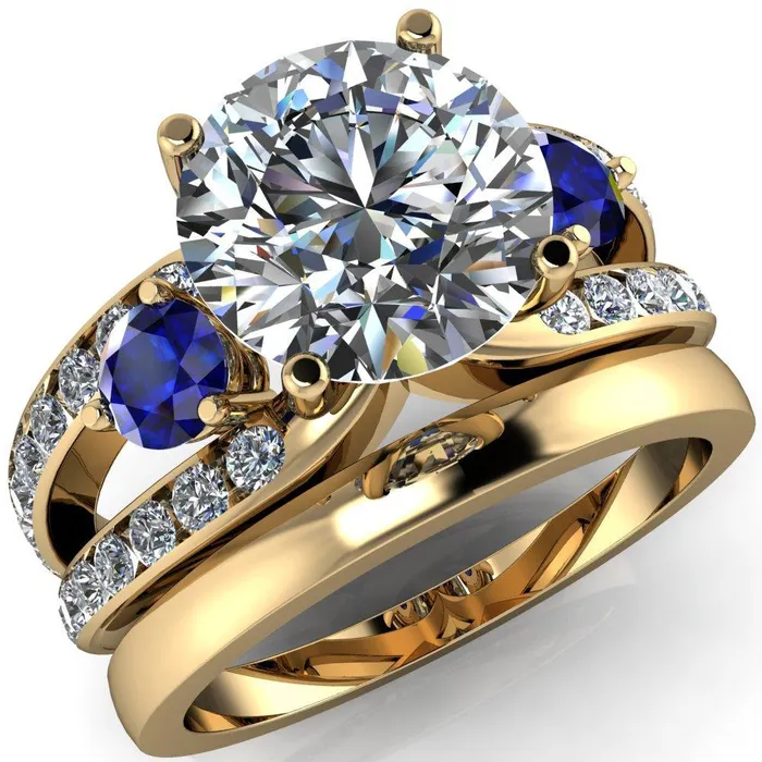 Rings Orion Round Center Stone 2 Round Blue Sapphire Sides Split Shank Diamond Channel Set Ring Fire Brilliance 