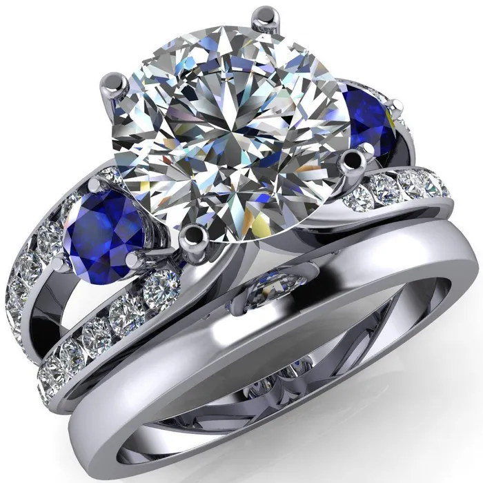 Rings Orion Round Center Stone 2 Round Blue Sapphire Sides Split Shank Diamond Channel Set Ring Fire Brilliance 