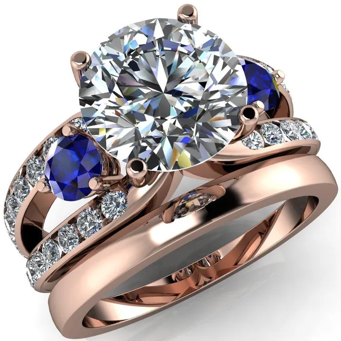 Rings Orion Round Center Stone 2 Round Blue Sapphire Sides Split Shank Diamond Channel Set Ring Fire Brilliance 