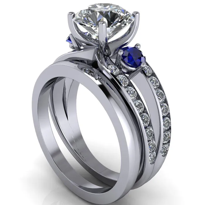 Rings Orion Round Center Stone 2 Round Blue Sapphire Sides Split Shank Diamond Channel Set Ring Fire Brilliance 