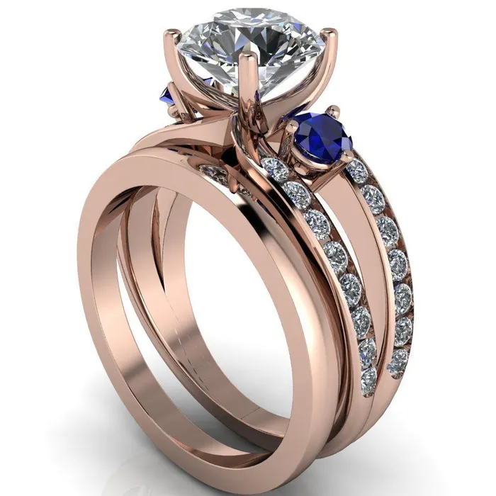 Rings Orion Round Center Stone 2 Round Blue Sapphire Sides Split Shank Diamond Channel Set Ring Fire Brilliance 