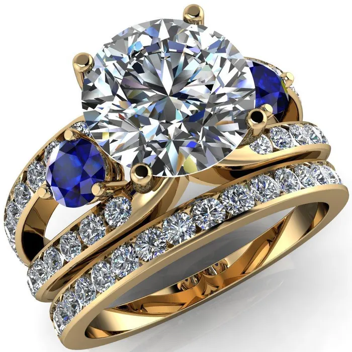 Rings Orion Round Center Stone 2 Round Blue Sapphire Sides Split Shank Diamond Channel Set Ring Fire Brilliance 