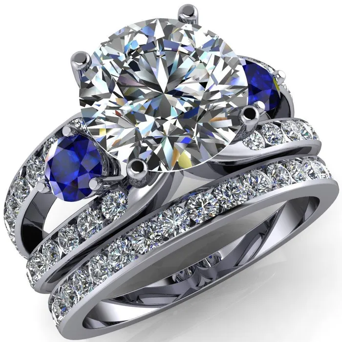 Rings Orion Round Center Stone 2 Round Blue Sapphire Sides Split Shank Diamond Channel Set Ring Fire Brilliance 