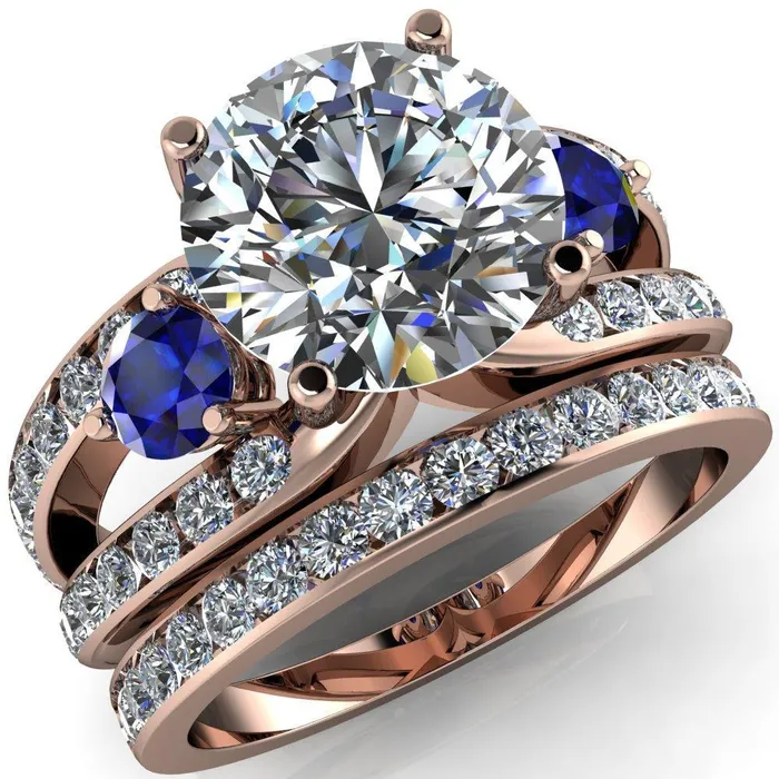 Rings Orion Round Center Stone 2 Round Blue Sapphire Sides Split Shank Diamond Channel Set Ring Fire Brilliance 