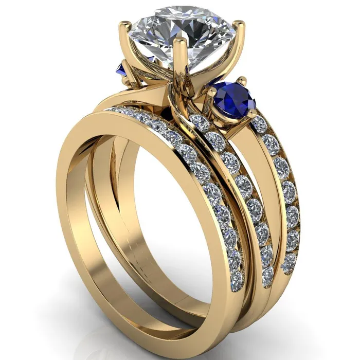 Rings Orion Round Center Stone 2 Round Blue Sapphire Sides Split Shank Diamond Channel Set Ring Fire Brilliance 