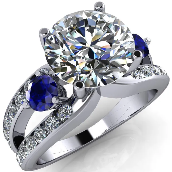 Rings Orion Round Center Stone 2 Round Blue Sapphire Sides Split Shank Diamond Channel Set Ring Fire Brilliance 