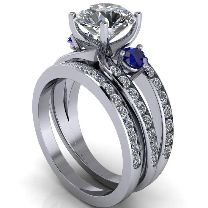 Rings Orion Round Center Stone 2 Round Blue Sapphire Sides Split Shank Diamond Channel Set Ring Fire Brilliance 