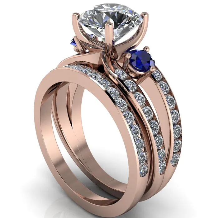 Rings Orion Round Center Stone 2 Round Blue Sapphire Sides Split Shank Diamond Channel Set Ring Fire Brilliance 