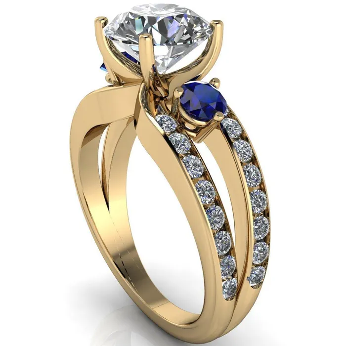 Rings Orion Round Center Stone 2 Round Blue Sapphire Sides Split Shank Diamond Channel Set Ring Fire Brilliance 